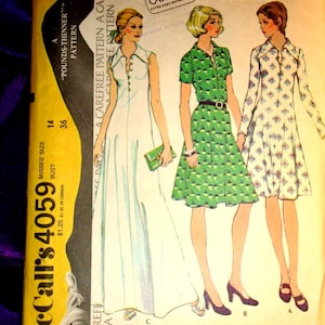 May include: Vintage McCall's 4059 Misses' dress pattern. The pattern features three dress designs, including a long white dress, a green patterned dress, and a white patterned dress. The pattern includes sizes 14 and 36. The text "Extra Carefree" is visible.