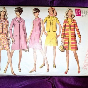 May include: Vintage Simplicity sewing pattern envelope featuring illustrations of five different women's outfits. The outfits include dresses and jackets in various colors and patterns, including pink, yellow, and striped designs. The envelope has text that reads "Simplicity" and "New Sizing."