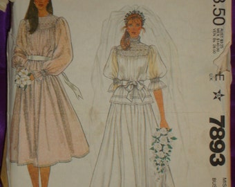 80s JaNN JoHNSoN BoHo Bridal Wedding Bridesmaids Gown w Peplum Long n Short Slvs with Slip 2 Lengths CMPLT McCalls 7893 Bust US 32.5 CM 83