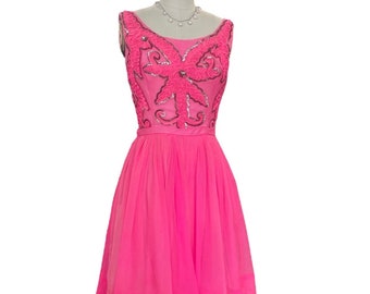 1960s Bright Pink Party Dress. Fluffy Pink Chiffon Dress with Silver Sequin Bodice. 60s Pink Tulle Dress. Size Extra Small, 24" Waist.