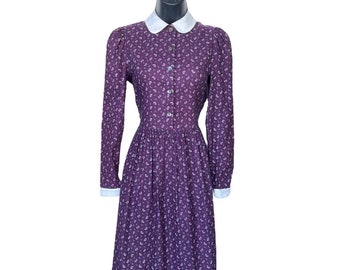 1980s Purple Paisley Dress by Laura Ashley. Long Sleeve Prairie Dress with Peter Pan Collar. Puff Shoulder 80s Dress. Size Small, 28" W.