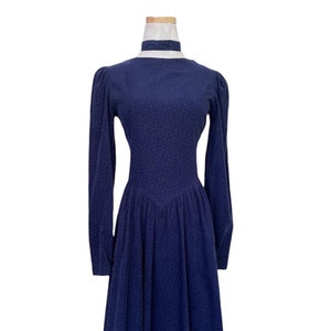 1990s Dark Blue Corduroy Dress by Laura Ashley with Micro Floral Print. Long Sleeve Dress with Puff Shoulders. Matching Tie Belt. Size Small