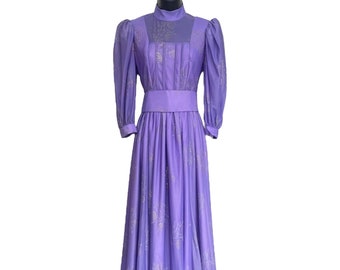 1970s Purple Chiffon Maxi Gown with Sheer Puff Sleeves, High Neck and Button Back.  Metallic Gold Sparkle Detail.  Extra Small, 24" Waist