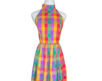 1980s Plaid Silk Party Dress with Back of Neck Bow. High Neck Halter Top Dress. Open Back Short Gown by Nipon. Size Extra Small.