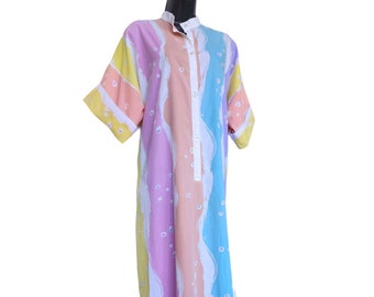 1980s Colorful Pastel Caftan. Loose Fit Cotton Dress by Clovis Ruffin. Pastel Rainbow Maxi Dress, Floor Length Dress. Size Large,