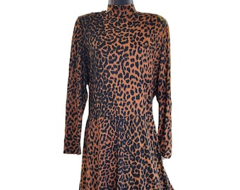 1980s Leopard Print Dress, Size Large. Long Sleeve Turtleneck Dress.  Soft Jersey Knit Midi Dress. Cozy Mock Collar Dress with Shoulder Pads