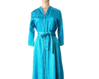 1960s Iridescent Teal Brocade Dress. 60s Hostess Gown with Zip Front. Peers for B. Altman. Size Small, 28 Waist.