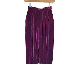 80s Purple Velvet Pants. High Waisted Tapered Trousers with Pleated Front. Silk and Rayon by Liz Claiborne Petites. Extra Small, 22" Waist.