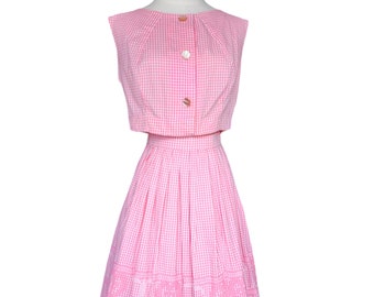 1960s Pink and White Gingham Set. Heart Embroidered Pleated Skirt and Matching Blouse. Cotton Matching 2 Piece Set. Size Small, 26" Waist.