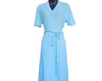 1970s Teal Short Sleeve Sweater Dress. Draped Knit Dress with Rope Belt. Katrina of California Custom Knits. Size Medium.