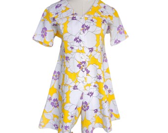 1960s Yellow Floral Romper. Yellow and Purple Textured Cotton Playsuit. Button Front Romper Shorts with Oversized Collar. Medium, 34" Waist