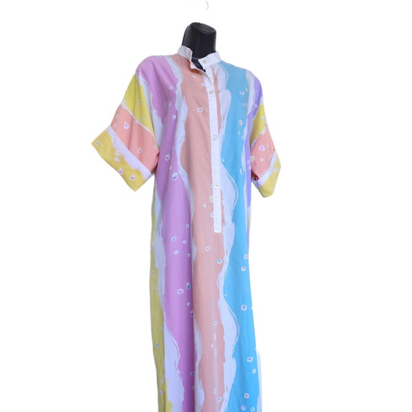 1980s Colorful Pastel Caftan. Loose Fit Cotton Dress by Clovis Ruffin. Pastel Rainbow Maxi Dress, Floor Length Dress. Size Large,