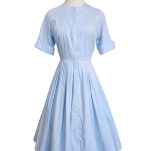 1950s Light Blue Shirtwaist Dress by Cos Cob. Cotton Dress w/ Pleated Skirt. Button Front Dress w/ Pick Stitching. Extra Small, 34&quot;B, 25&quot;W