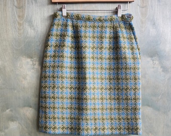 Minigonna pied de poule anni '60: lana scozzese verde acqua, vita 26"