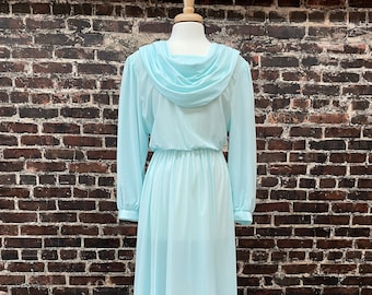 1980s Aqua Blue Sheer Chiffon Party Dress with Cowl Neck. Long Sleeve Evening Gown by Anthony Richards. Size Large