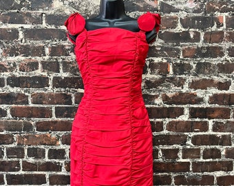 1980s Red Party Dress. Ruched Wiggle Dress with Rosettes. Off the Shoulder Body Con Red Prom Dress By Nadine. Size Extra Small 26” Waist.