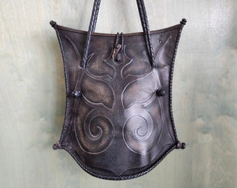 Large Black Leather Bag. Embossed Leather Bag with Braided Trim. Unusual Crescent Shape Goth Black Leather Shoulder Bag with Horn Fastener.