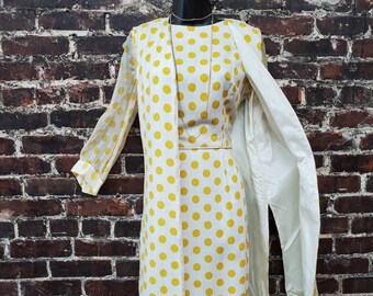 1960s Yellow Polka Dot Dress and Vest Set. 60s White and Yellow Mod Dress w/ Sheer Sleeves, Matching Long Vest. Size Small, 27" Waist.