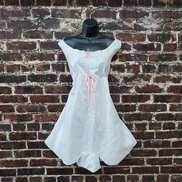 1920s White Cotton Step-In Romper w/ Pink Ribbon. 1900s Antique Embroidered Chemise Body Suit with Button Flap. Size Large, 42" W