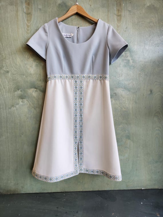 1970s Powder Blue Color Block A-Line Dress, Floral Tapestry Trim, Size Medium