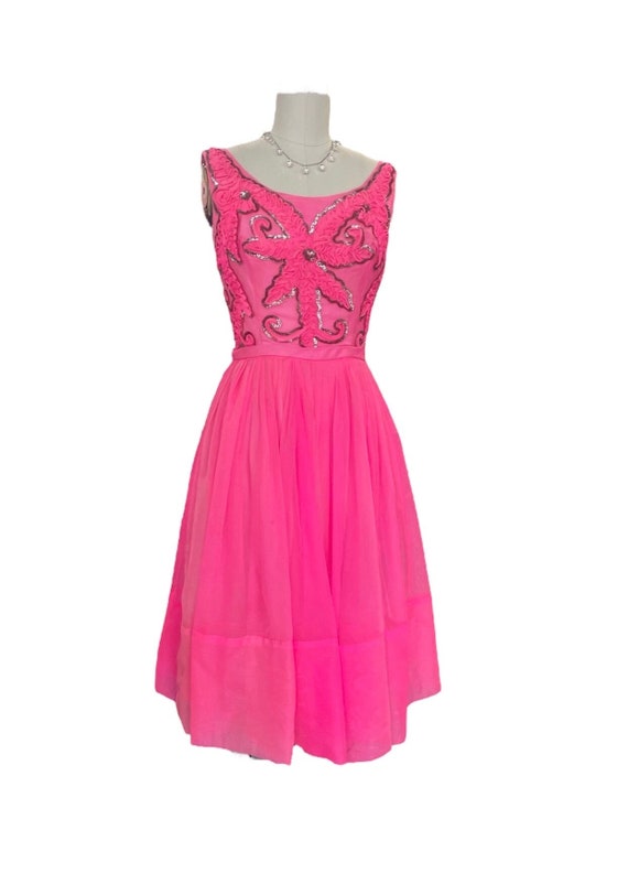 1960s Bright Pink Party Dress. Fluffy Pink Chiffon