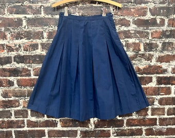 1950s Navy Blue Pleated Skirt. High Waisted School Girl Skirt. Fit and Flare Cotton Skirt Size Extra Small, 24" Waist.