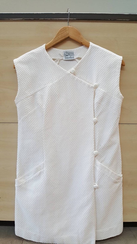 1960s White Cotton Mini Dress. Textured Mod A-Line