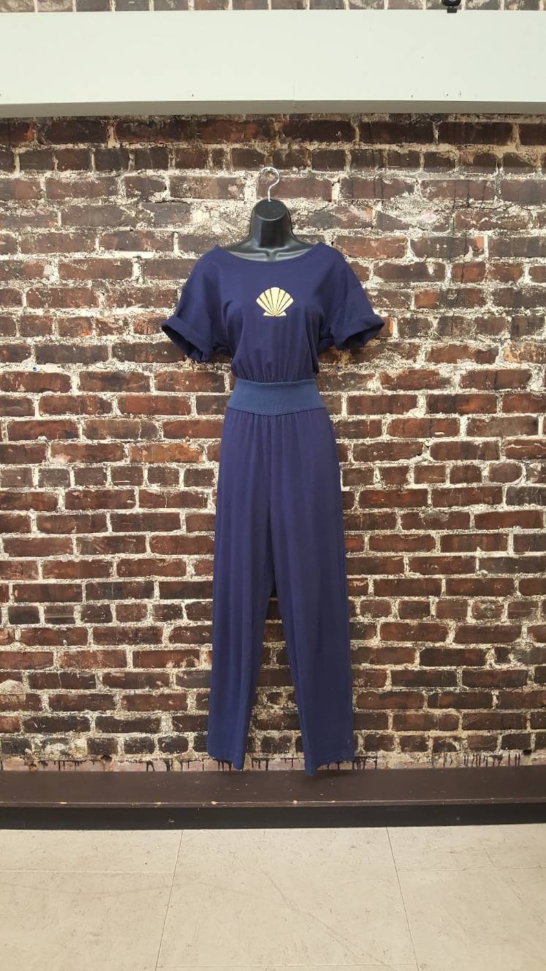 1980s Jumpsuit 28 Waist Navy Blue Romper with Gold Seashell Size Medium Button Back 80s Romper Pants with Wide Neck /& Pockets 38 Bust
