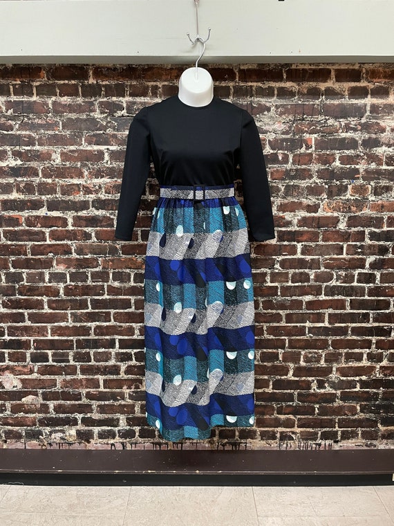 1970s Abstract Print Maxi Dress. Blue and Black 7… - image 1