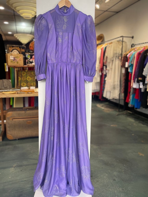 1970s Purple Chiffon Maxi Gown with Sheer Puff Sl… - image 4
