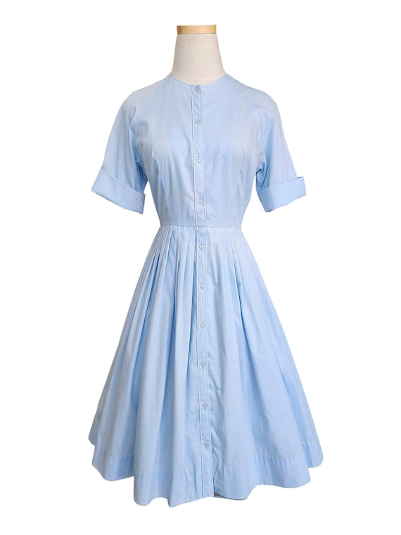 blue shirtwaist dress Navy Linen Dress with Pleated Swing Skirt and Notched Collar