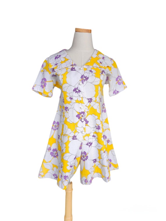 1960s Yellow Floral Romper. Yellow and Purple Tex… - image 1