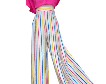 Colorful Striped Silk Pants by Yves Saint Laurent. High Waisted Wide Leg Pants with Front Pleat. Designer Silk Trousers. Small, 28" Waist.