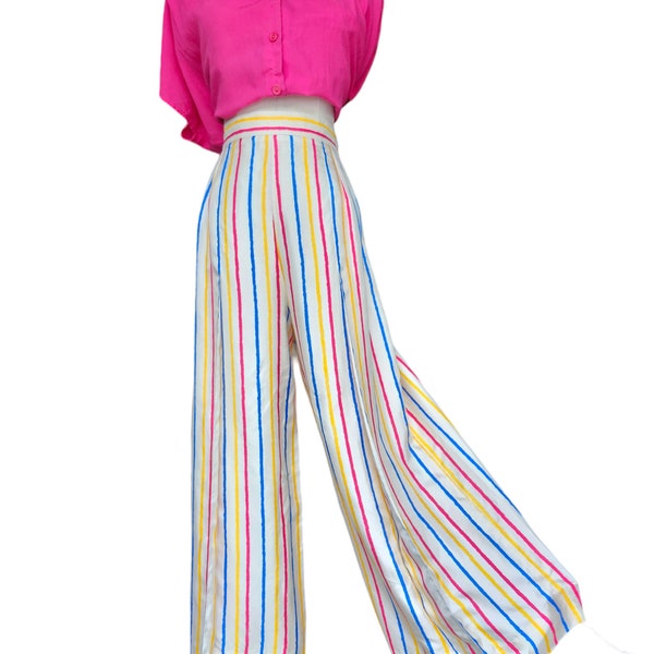 Colorful Striped Silk Pants by Yves Saint Laurent. High Waisted Wide Leg Pants with Front Pleat. Designer Silk Trousers. Small, 28" Waist.