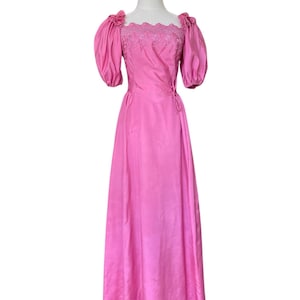 1980s Pink Gown with Poof Sleeves. Off the Shoulder 80s Prom Dress with Embroidered Bodice. Rose Pink Taffeta Gown. Extra Small, 32&quot;B, 25”W