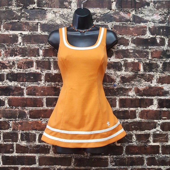 1960s Orange Swimsuit with Skirt. Retro One Piece