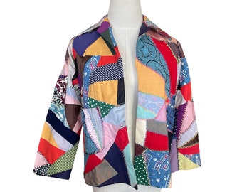 1970 Patchwork Jacket. Crazy Quilt Jacket Made from 1930s 1940s Fabric. Small Fit Blazer with Collar. Size Extra Small