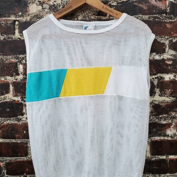 1980s Mesh Tank Top. Color Block New Wave T Shirt. Surfer Athletic Sheer Sleeveless Shirt. Women's Medium, Men's XS, 36" Bust