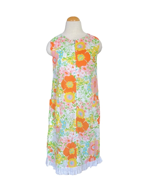 1960s Bright Floral Housedress. Zip Front A-Line … - image 1