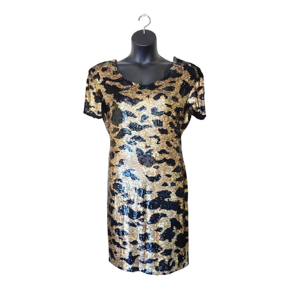 1980s Naeem Khan Riazee Sequin Cheetah Print Silk Dress (Medium) 1980s Naeem Khan Riazee Sequin Cheetah Print Silk Dress (Medium)