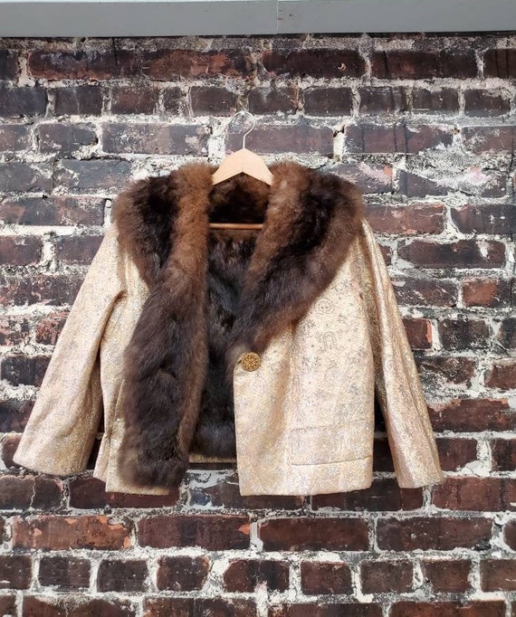 Gold Brocade Fur Jacket. 1950s 1960s Cropped Jacke