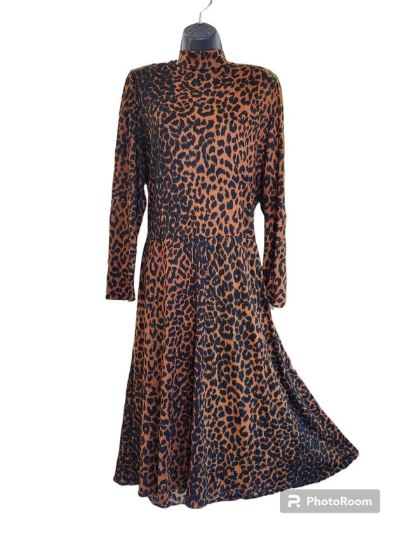 1980s Leopard Print Dress, Size Large. Long Sleev… - image 1