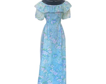 1970s Blue Floral Dress with Off The Shoulder Ruffle Neckline. Wide Neck Gown with Short Poof Sleeves. Size Small.