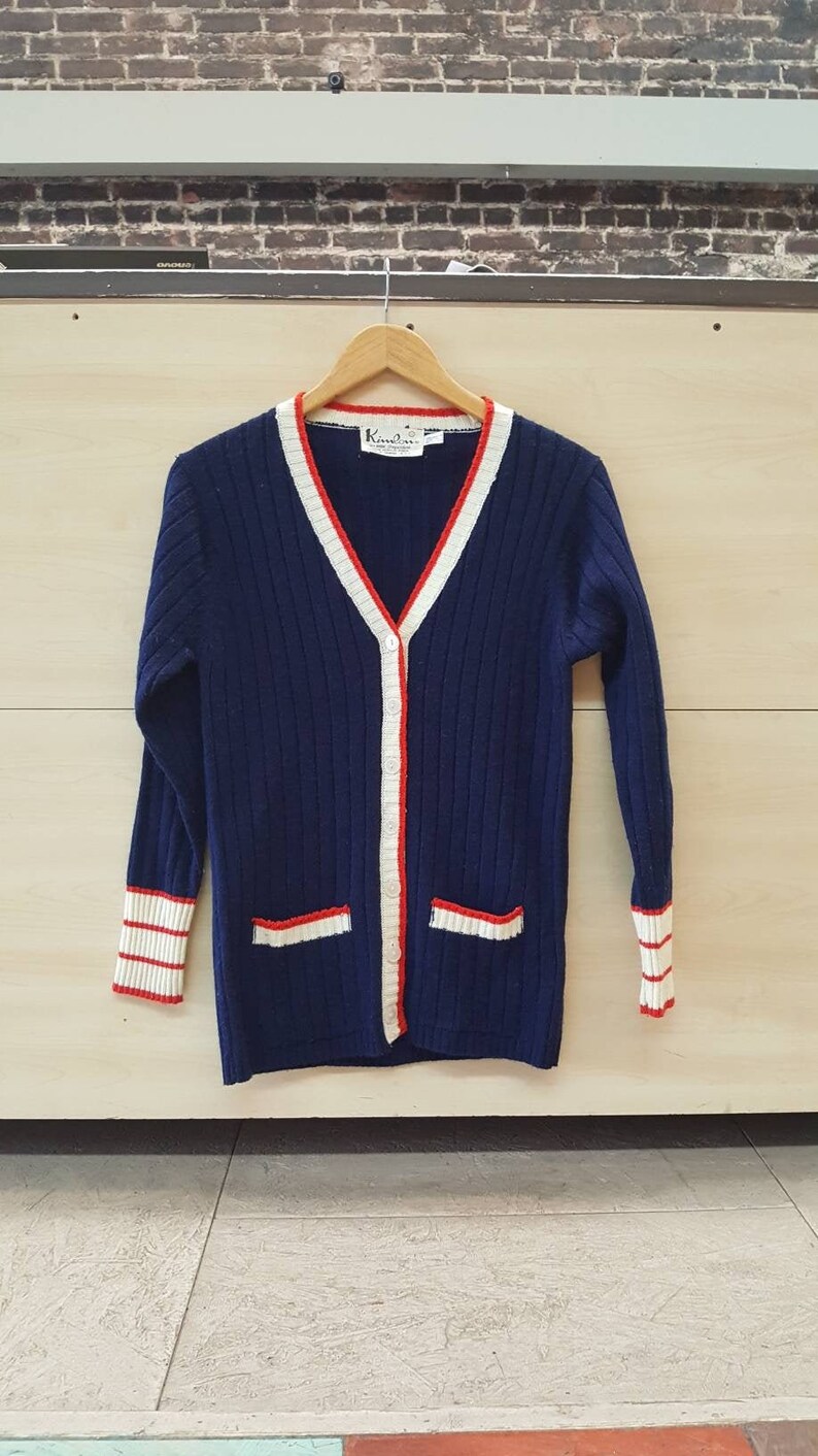 red white and blue cardigan