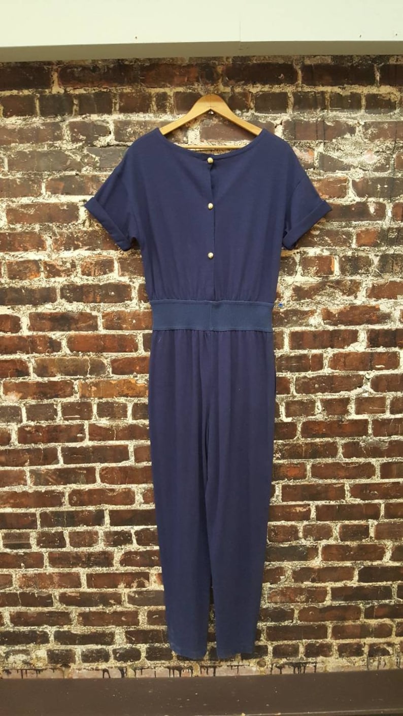 1980s Jumpsuit 28 Waist Navy Blue Romper with Gold Seashell Size Medium Button Back 80s Romper Pants with Wide Neck /& Pockets 38 Bust