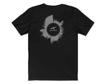 May include: Black short-sleeved t-shirt with a white graphic of a stylized bird flying over a circle with the text "ARCADIA" inside.