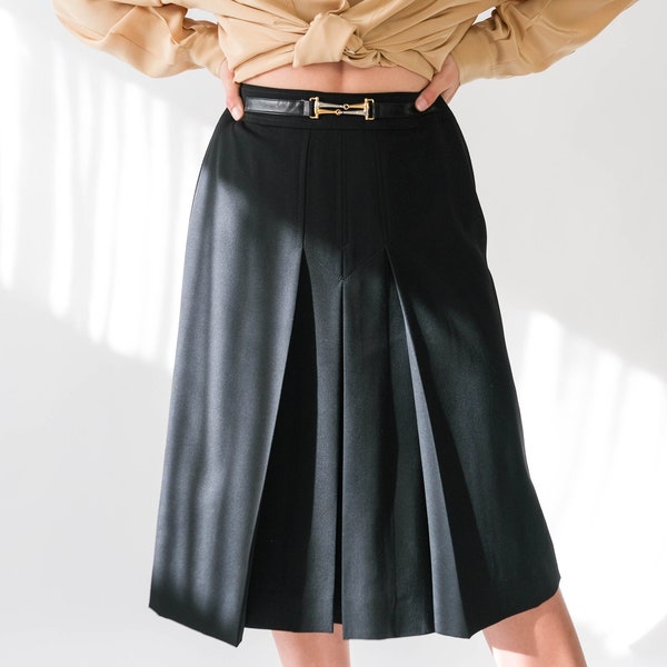 Vintage 80s CELINE PARIS Black Gabardine Pleated Skirt w/ Leather & Metal Horsebit Accent | Made in France | 1980s French Designer Skirt