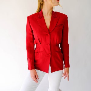 Vintage 90s Richard Tyler Crimson Red Silk Dart Pleated Hourglass Blazer | Made in USA | 100% Silk | 1990s Does 1940s Designer Silk Jacket