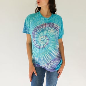 Vintage 80s Destroyed Fruit of the Loom Spiral Tie Dye Single Stitch Tee Shirt Made in USA 1980s Paper Thin Pastel Tie Dye T-Shirt image 1