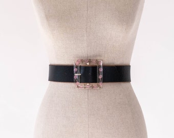 Vintage Betsey Johnson Black Leather Belt w/ Pink Floral Lucite Buckle | 100% Genuine Leather | Y2K 2000s Designer Bohemian Adjustable Belt